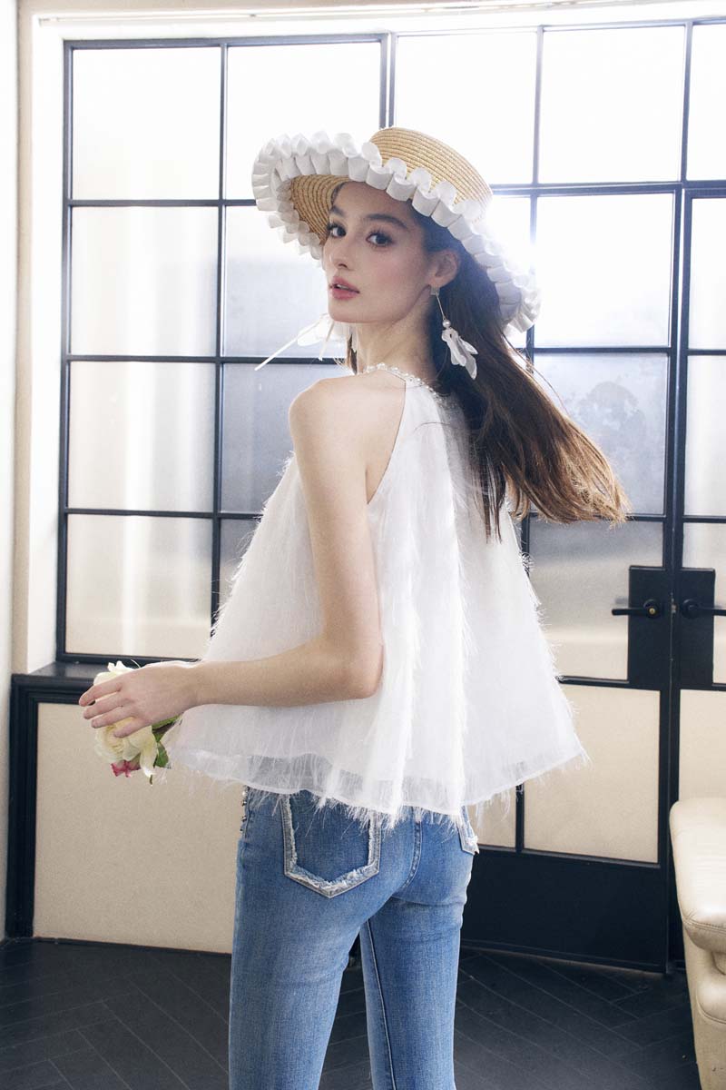Mon Mystere时尚白色无袖流苏上衣背心百搭女露肩