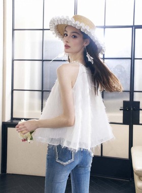 Mon Mystere时尚白色无袖流苏上衣背心百搭女露肩