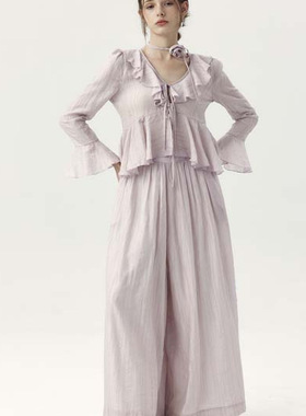 MON MYSTERE独特漂亮套装设计感V领荷叶边紫色上衣半身裙