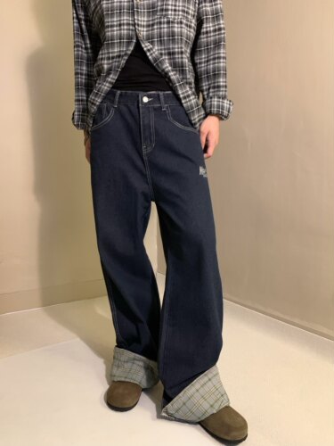 原创美式复古格子拼接卷边牛仔裤男女阔腿直筒宽松高级感情侣长裤
