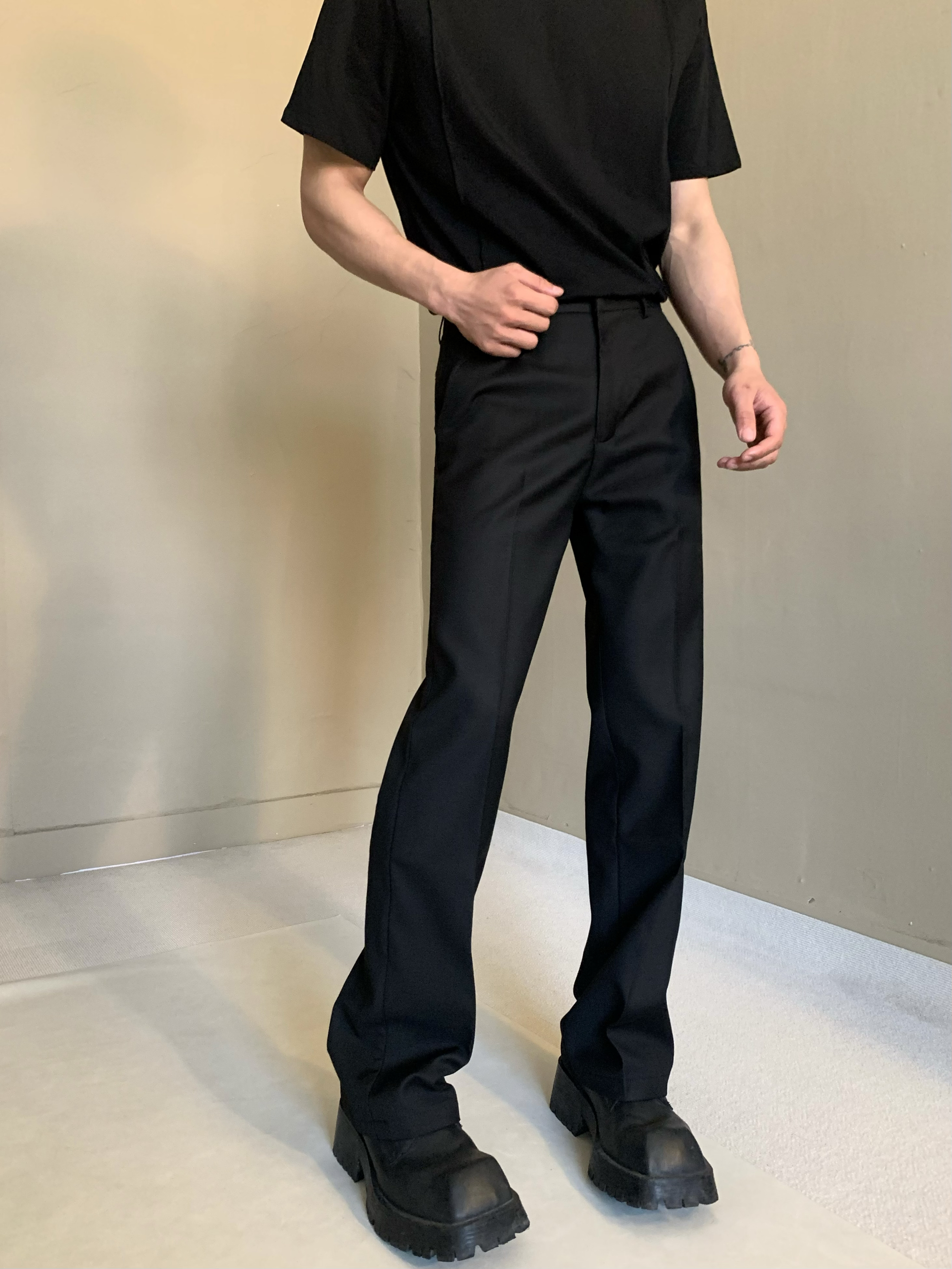 美式高街cleanfit微喇叭直筒西裤黑色休闲裤男垂坠堆积显瘦拖地裤