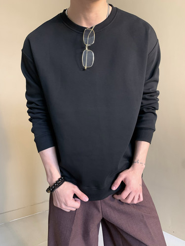 意式老钱风基础款肌理斜纹质感圆领长袖男女中性风纯色卫衣打底衫