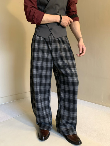 复古绅士优雅拼色格纹拖地休闲裤男垂坠感慵懒风显瘦宽松直筒长裤
