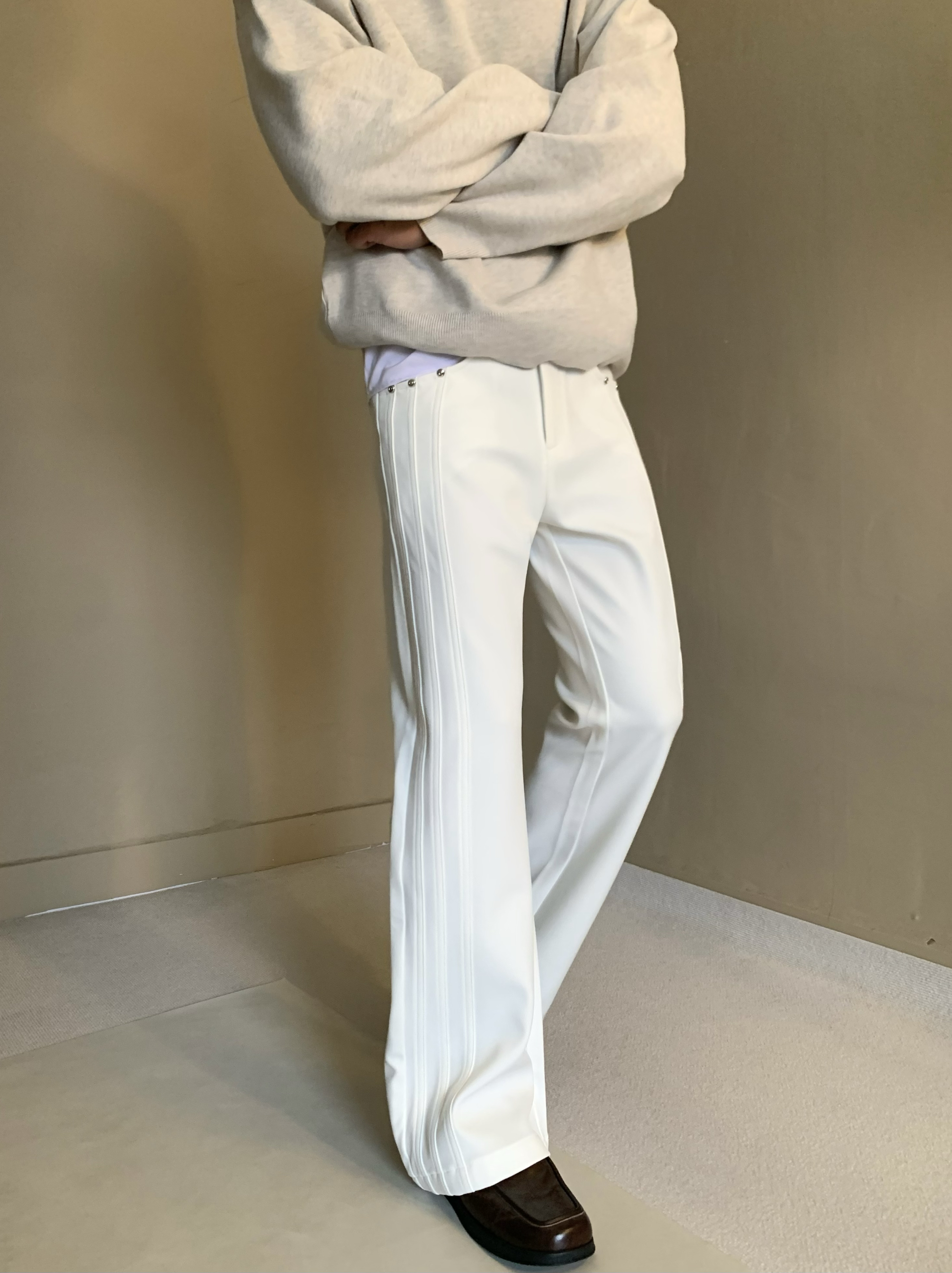 cleanfit白色修身微喇叭牛仔裤男拼接设计高级感vibe裤子直筒长裤