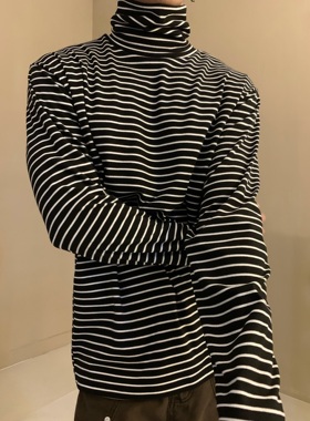 美式德绒条纹高领打底衫情侣秋冬季保暖宽松长袖百搭长袖内搭上衣