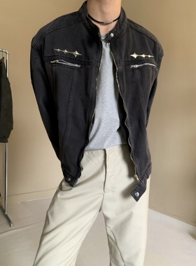 美式复古做旧水洗垫肩短款牛仔外套金属拉链设计感无领休闲夹克男