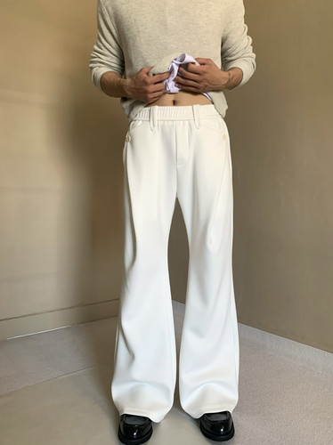 美式小众钮扣装饰立体感微喇卫裤男白色休闲cleanfit直筒运动长裤