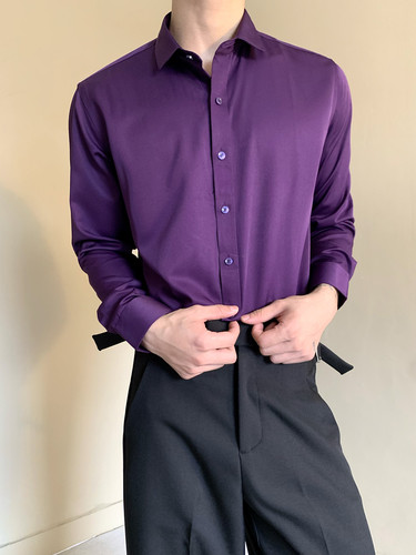 意式绅士老钱风紫罗兰色衬衫男女中性风高级感禁欲系长袖垂感衬衣