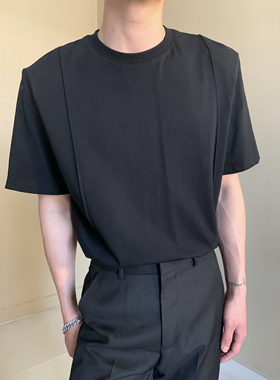 高级感垫肩短袖T恤男女款宽松休闲上衣极简风百搭半袖打底体恤衫