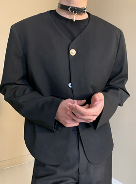 小众黑色高级感无领西装外套男优雅极简垫肩西服礼服诘襟短款制服