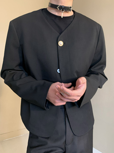 小众黑色高级感无领西装 制服 外套男优雅极简垫肩西服礼服诘襟短款