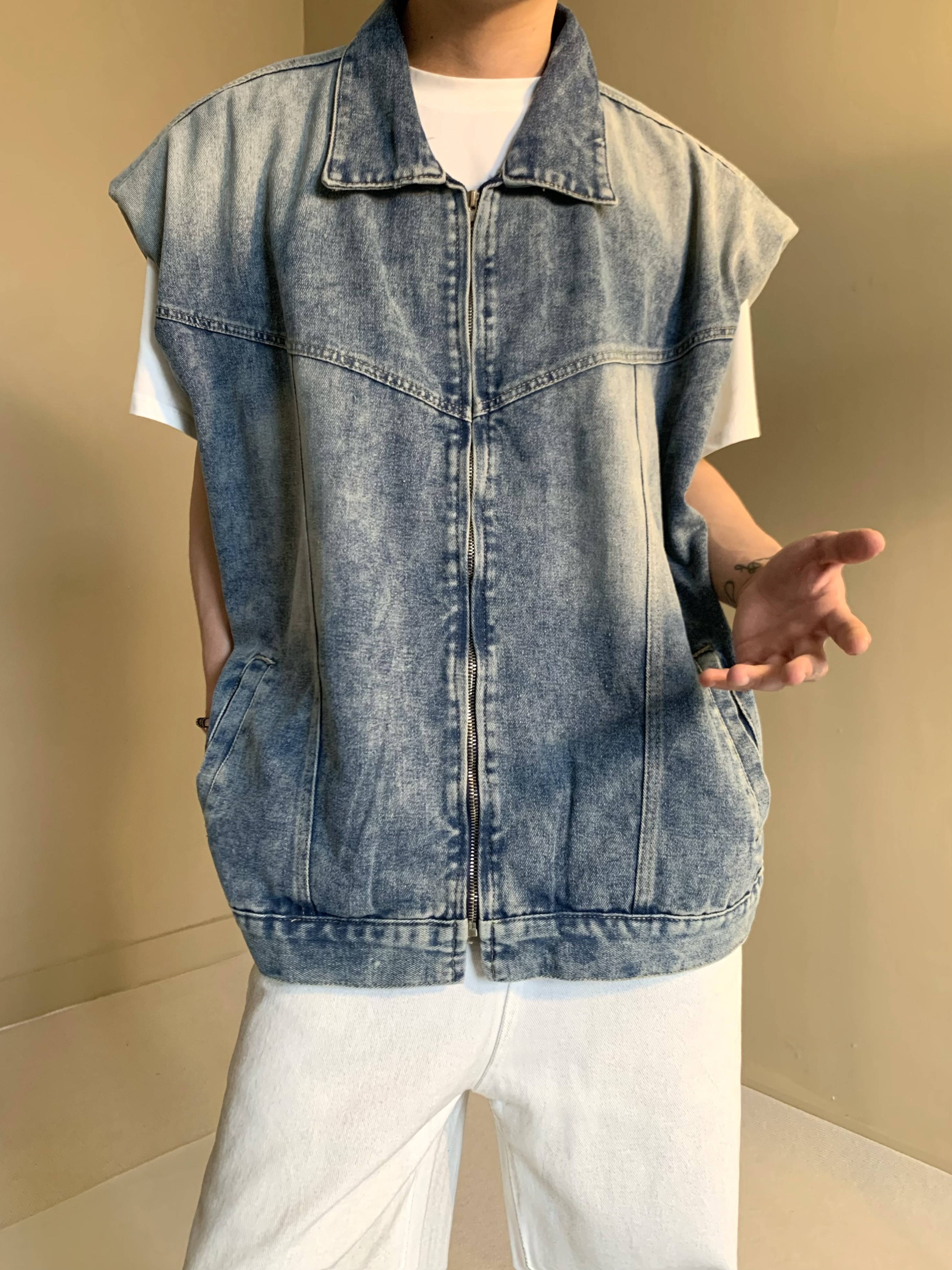 美式复古水洗廓形垫肩牛仔马甲外套男拉链小众设计感街头无袖外套