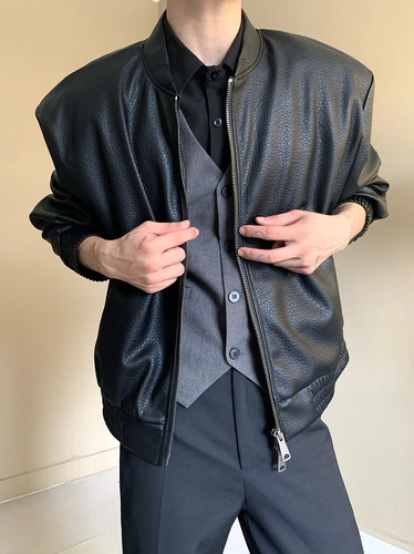 美式复古纹理感垫肩廓形皮衣外套男高级感痞帅机车服宽松休闲夹克