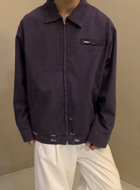 美式复古水洗做旧破坏牛仔紫色夹克喷马骝工艺帆布vintage外套潮
