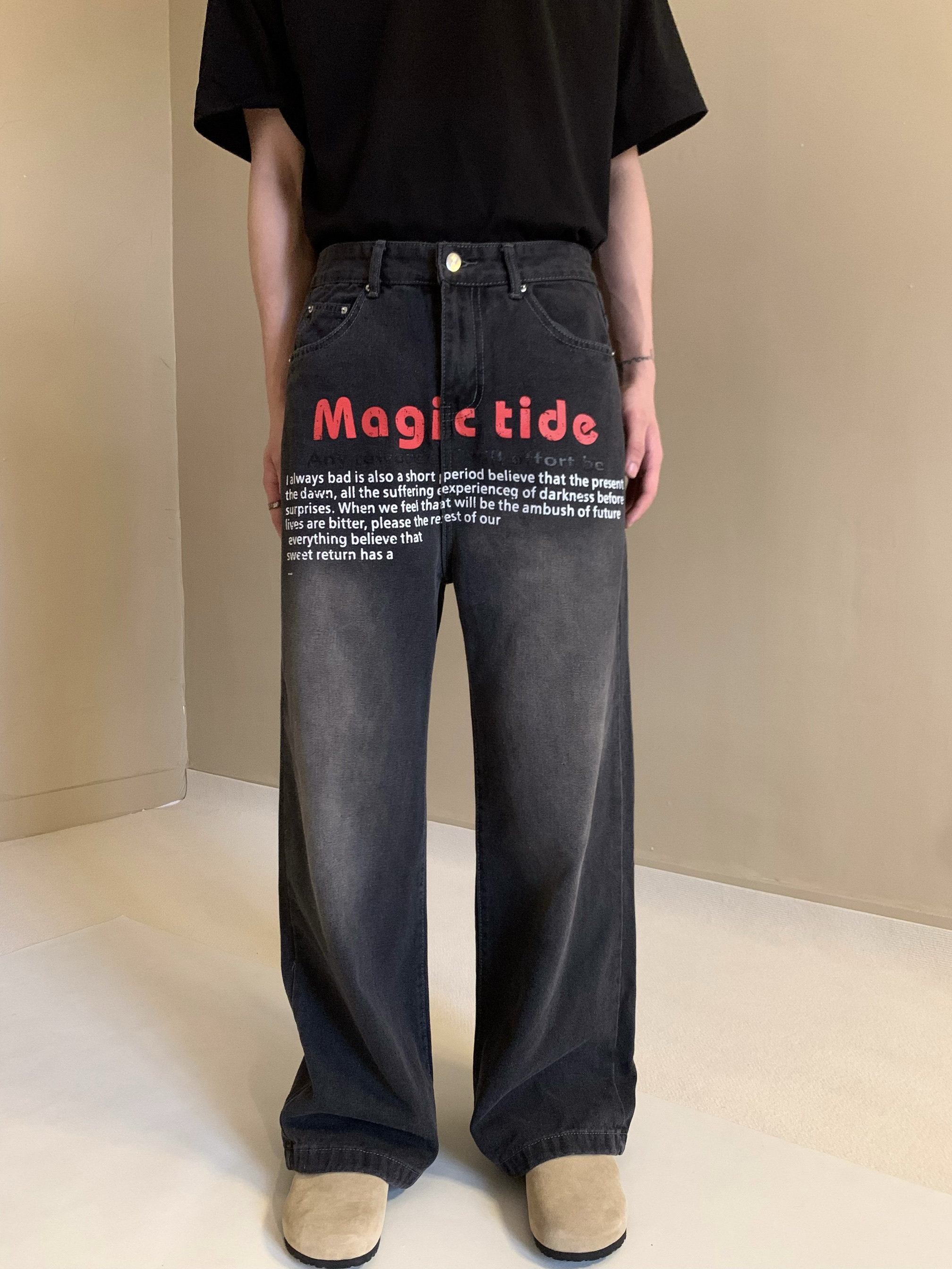 美式复古水洗做旧小众印花字母牛仔裤潮男宽松设计感直筒裤子女潮