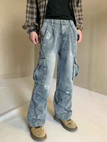 美式泼墨牛仔裤高街潮牌复古水洗做旧多口袋工装裤宽松直筒阔腿裤