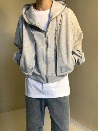 美式休闲双拉链重磅廓形立体裁剪cleanfit开衫连帽外套短款卫衣潮
