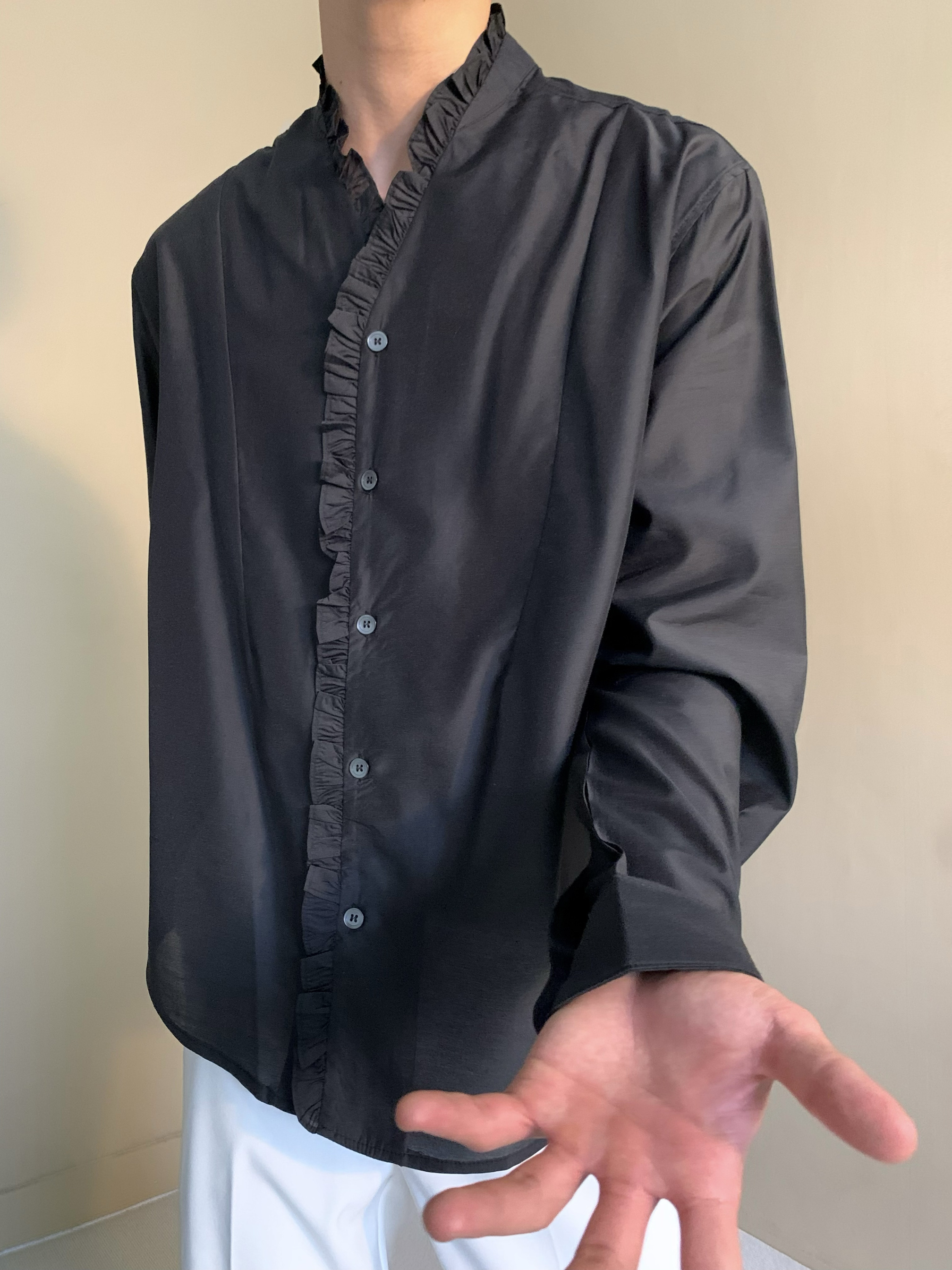 复古Lemaire风褶皱蕾丝花边衬衫法式v领小众高级感中性清冷风衬衣