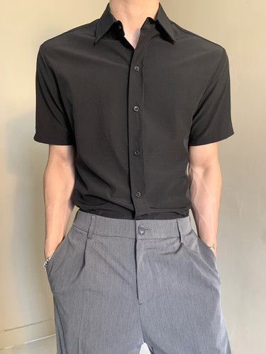 莫代尔夏季高级感黑色短袖衬衫痞帅男女中性风优雅内搭衬衣打底衫