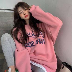秋冬韩版2025新款加绒加厚宽松中长款字母印花流行情侣长袖卫衣女