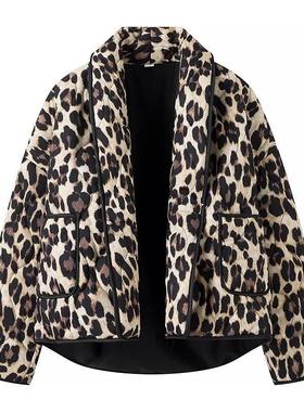 亚马逊欧美跨境女装2025冬季新品复古豹纹印花棉服女式花棉袄绿色