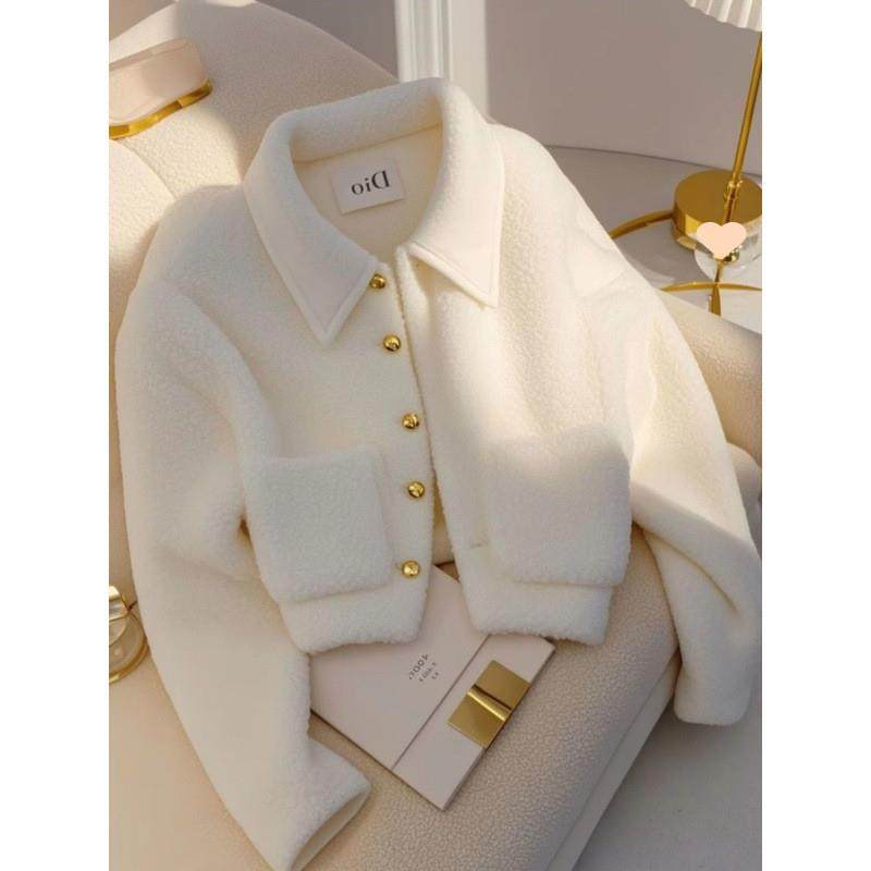 小香风白色羊羔毛外套女2025秋冬新款一体加厚保暖高级感夹克上衣