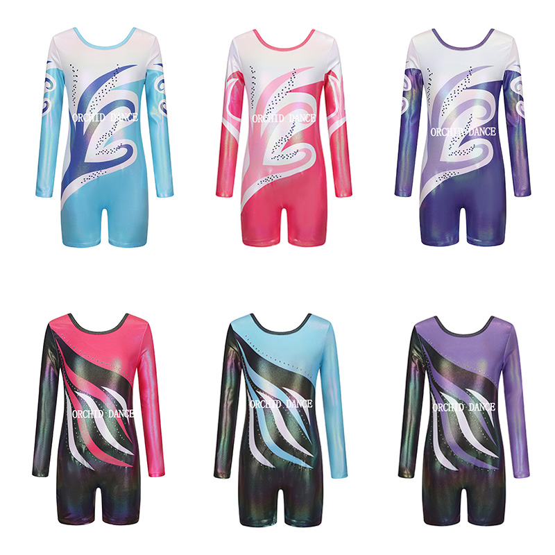 外贸2025年新款儿童烫金专业体操训练服中小童平角连体衣服比赛服