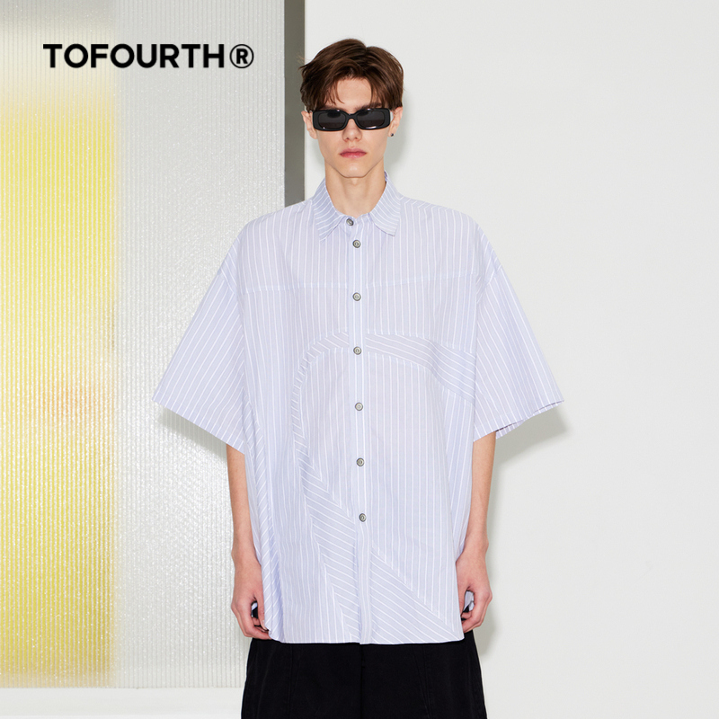 ISS TOFOURTH【门店同款】阔版宽松落肩短袖衬衫条纹男女同款T恤