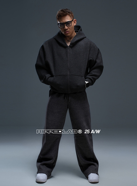 撕裂组织宽肩美式粗针织重磅拉链外套防风帽衫卫衣运动加绒冬户外