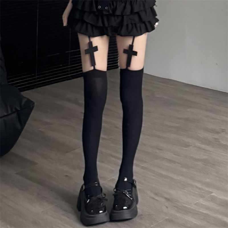 哥特风十字架暗黑系y2k千禧辣妹风长筒袜子亚文化袜jk吊带袜批发