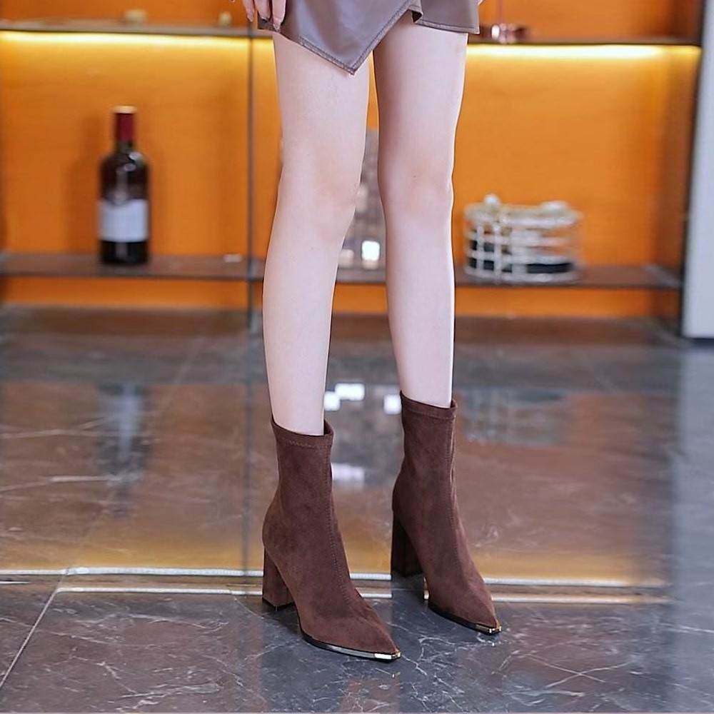 铁头高跟短靴女2025秋冬新款小个子绒面粗跟高级感配裙子尖头靴子