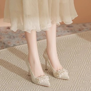 法式新娘婚纱细跟婚鞋女不累脚防水台高跟鞋日常可穿小个子单鞋女