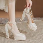 双层防水台法式玛丽珍鞋芭比圆头新娘婚鞋缎面一字带粗跟高跟鞋女