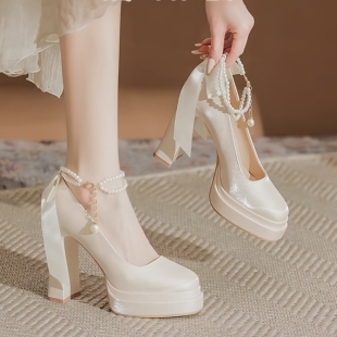 双层防水台法式玛丽珍鞋芭比圆头新娘婚鞋缎面一字带粗跟高跟鞋女