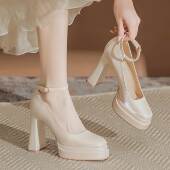 婚纱照单鞋 女粗跟玛丽珍缎面不累脚新娘婚鞋 圆头防水台高跟鞋 法式