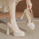 法式 婚纱照单鞋 圆头防水台高跟鞋 女粗跟玛丽珍缎面不累脚新娘婚鞋