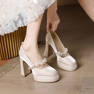 防水台香槟色玛丽珍新娘婚鞋超高演出不累脚缎面高跟鞋女粗跟10cm