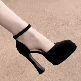羊皮版!法式黑色一字带高跟鞋小个子防水台包头凉鞋中空粗跟单鞋