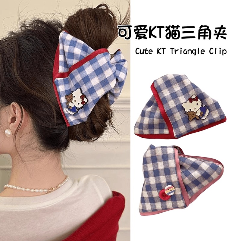 可爱格纹KT猫三角抓夹发量多