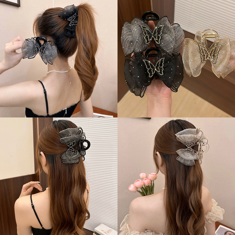 小香风网纱水钻蝴蝶结抓夹