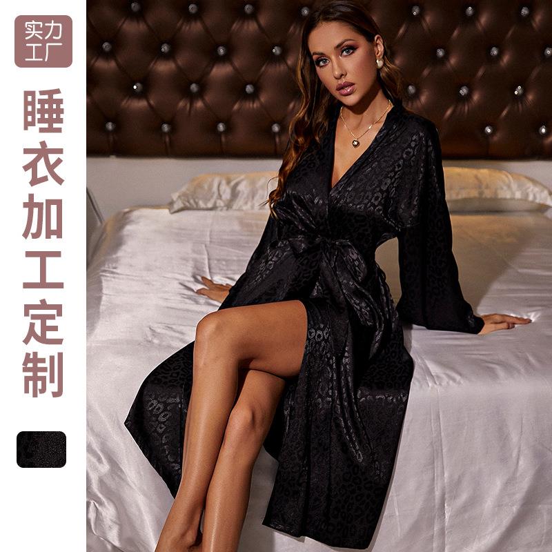 居家黑色长袖睡袍 薄款性感女士系带晨袍 简约开衫睡衣冰丝浴袍