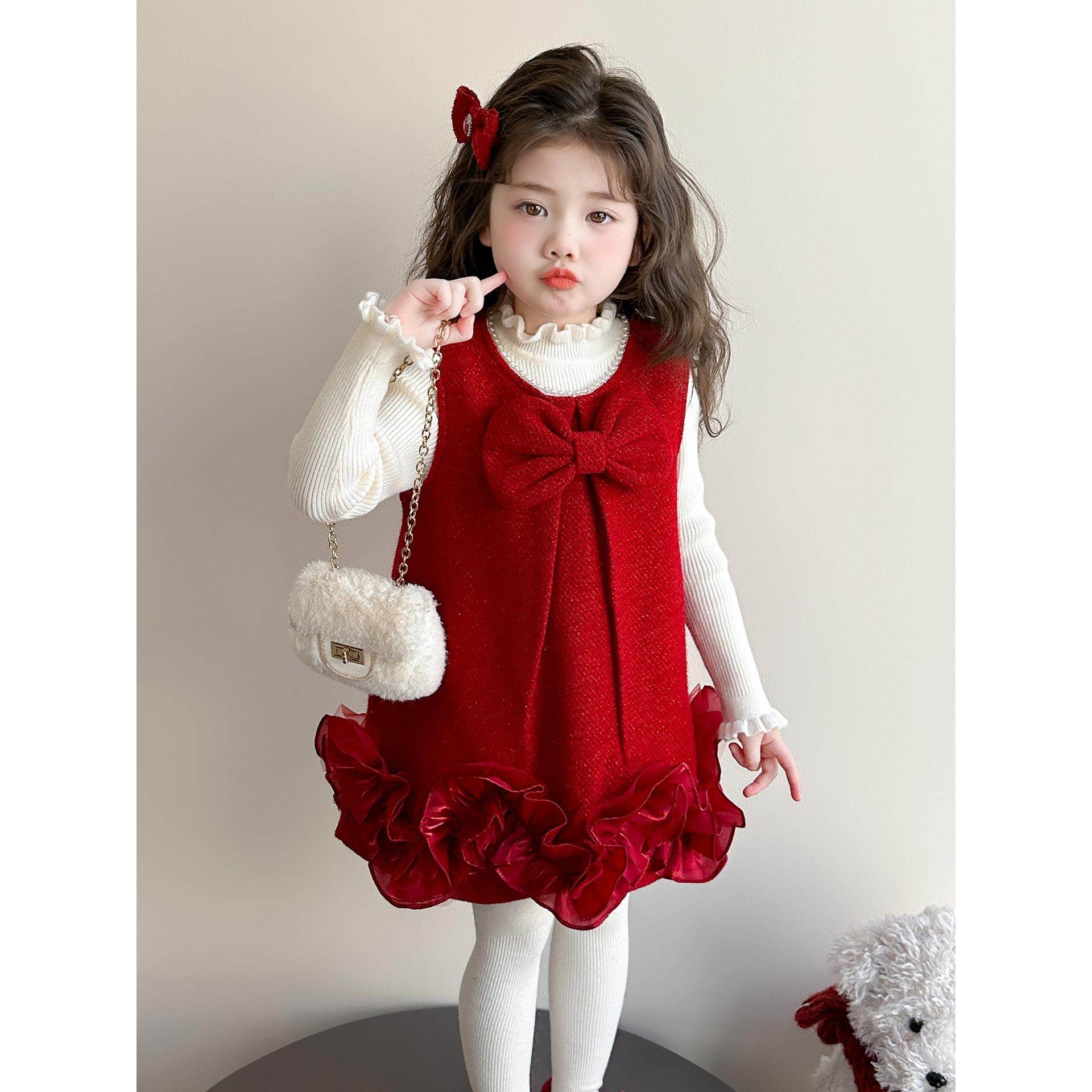 女童毛衣背心裙子套装冬季2026新款儿童加厚连衣裙新年衣服拜年服