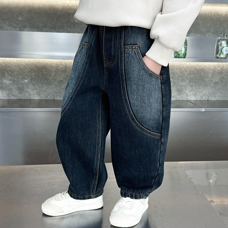 男童加绒牛仔裤秋冬装儿童加厚一体绒裤子2025新款宝宝休闲直筒裤