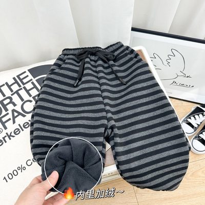 男童秋冬加绒裤子2025新款儿童一体绒加厚洋气条纹百搭卫裤运动裤