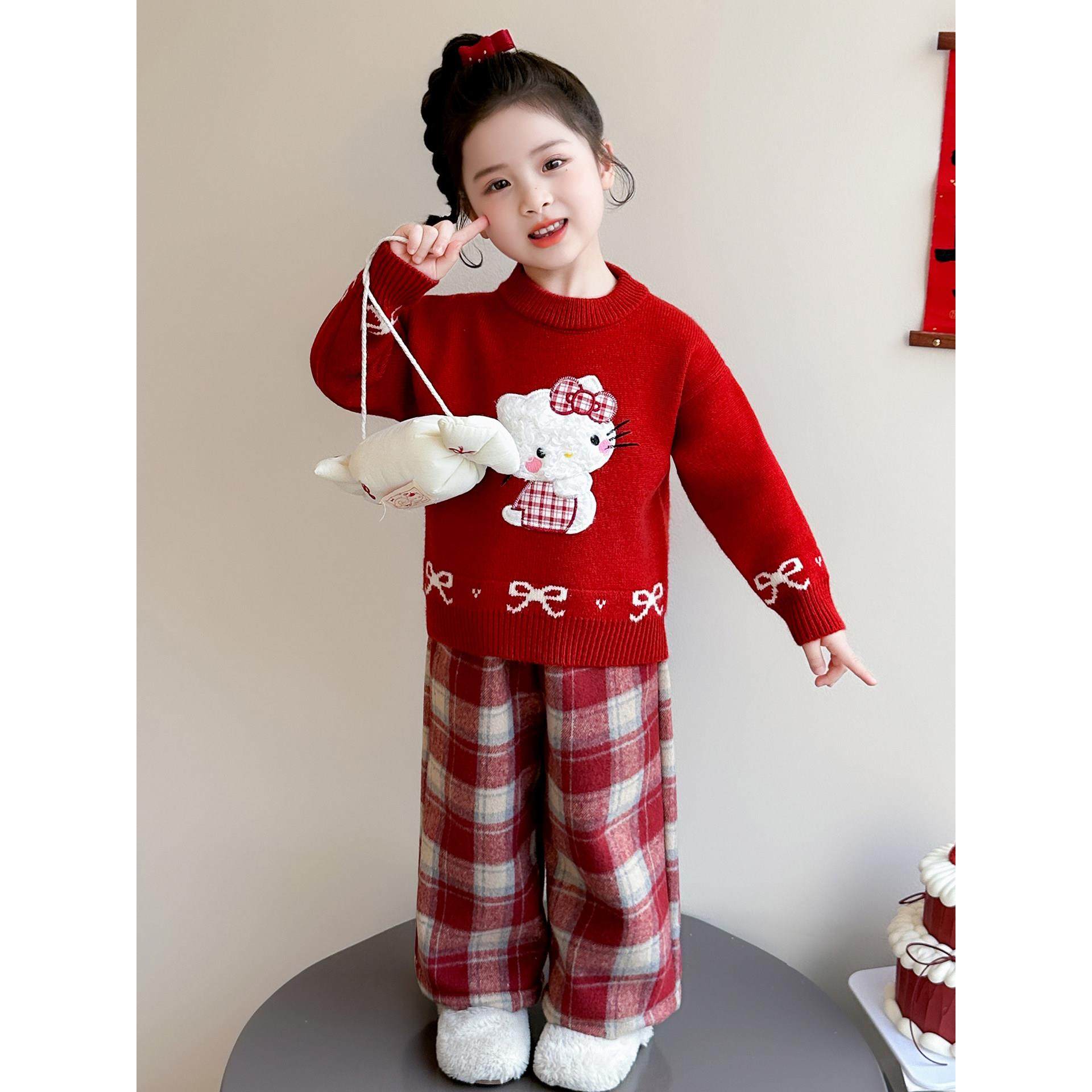 女童毛衣套装秋冬装2025新款儿童洋气线衣加绒格子阔腿裤新年衣服,童装/婴儿装/亲子装,套装,淘宝优惠券,粉丝福利购,淘宝优惠卷