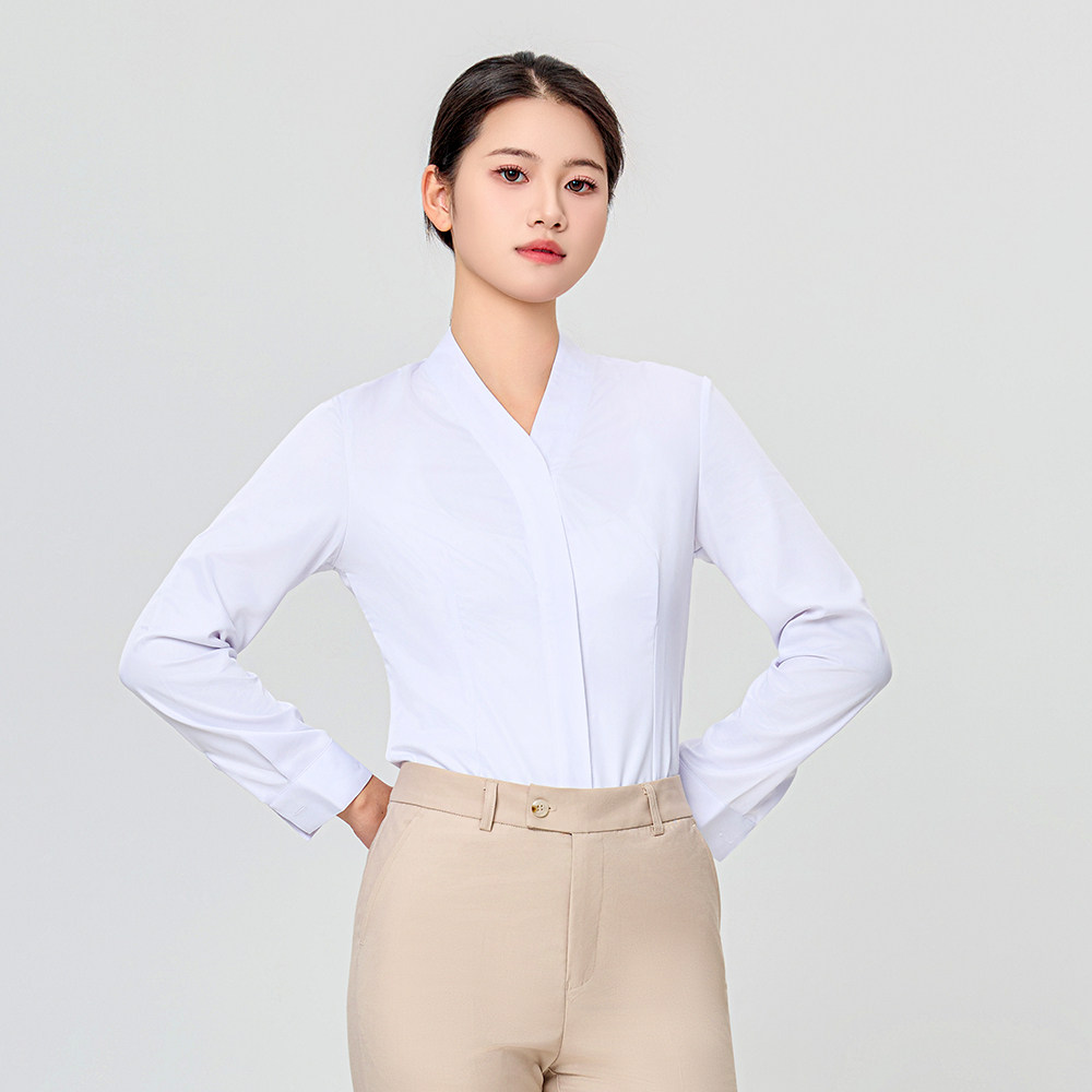 华为AITO汽车4S店浅灰色问界新能源鸿蒙智行V领白色女士弹力衬衫