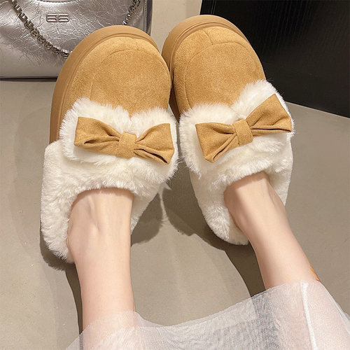 优遇家冬季新款蝴蝶结加绒厚底防滑毛绒居家室外保暖棉拖鞋女款