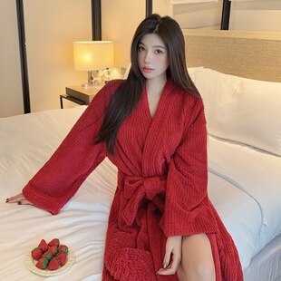 雪粒绒睡袍女士秋冬季双面加厚红色系带甜美中长款保暖浴袍家居服