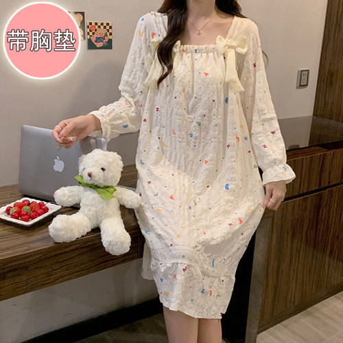 带胸垫长袖云朵棉甜美公主睡裙