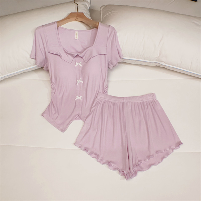 韩版睡衣女款夏季带胸垫纯欲法式芭蕾莫代尔棉显瘦短袖套装家居服